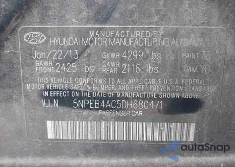 2013 Hyundai Sonata Gls z USA, uszkodzony, nr VIN 5NPEB4AC5DH680471